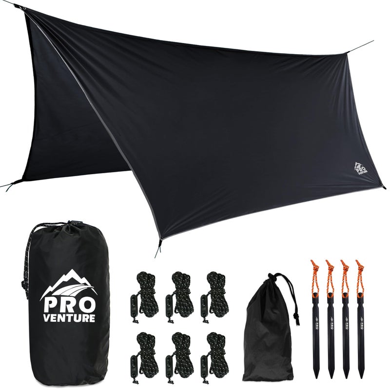Pro Venture Waterproof Hammock Rain Fly [12ft x 9ft] - Portable Large Camping Tarp - Premium Lightweight Ripstop Nylon Cover - Fast Set Up + Accessories - A Camping Gear Essential! 12x9 ft HEX Shape - Image 1